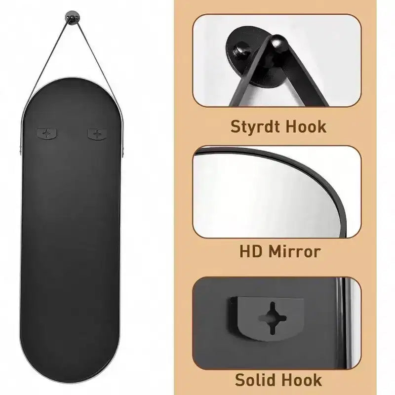 Oval Full Length Mirror (48x16) - Black Aluminum Frame & Leather Strap. For Bathroom, Living Room, Entryway Decor
