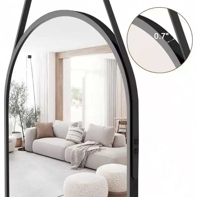 Oval Full Length Mirror (48x16) - Black Aluminum Frame & Leather Strap. For Bathroom, Living Room, Entryway Decor