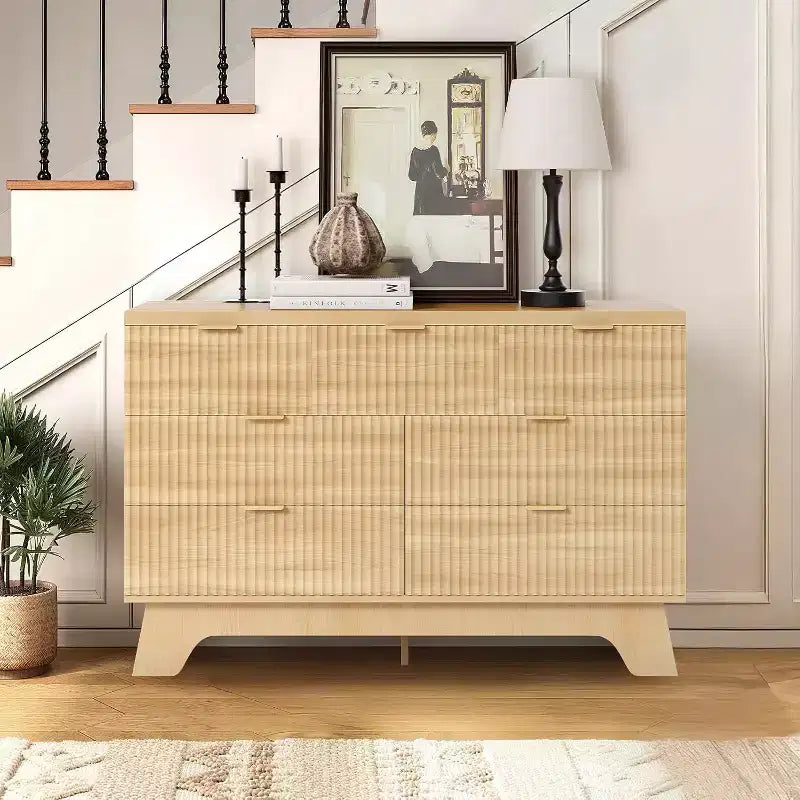 8 Drawer Fluted Dresser Natural Oak Curved Storage Cabinet for Bedroom Living Room Entryway