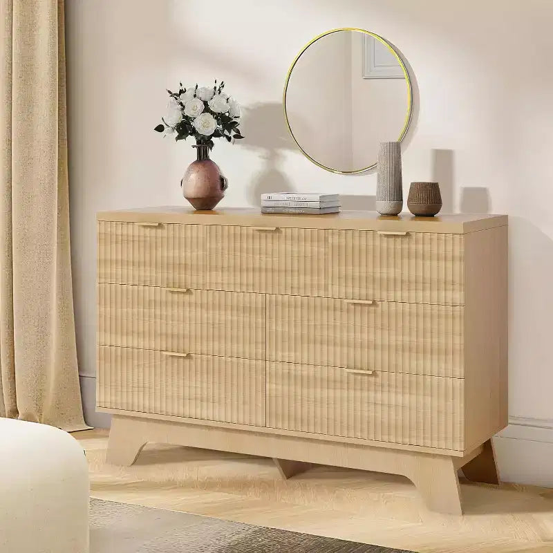 8 Drawer Fluted Dresser Natural Oak Curved Storage Cabinet for Bedroom Living Room Entryway