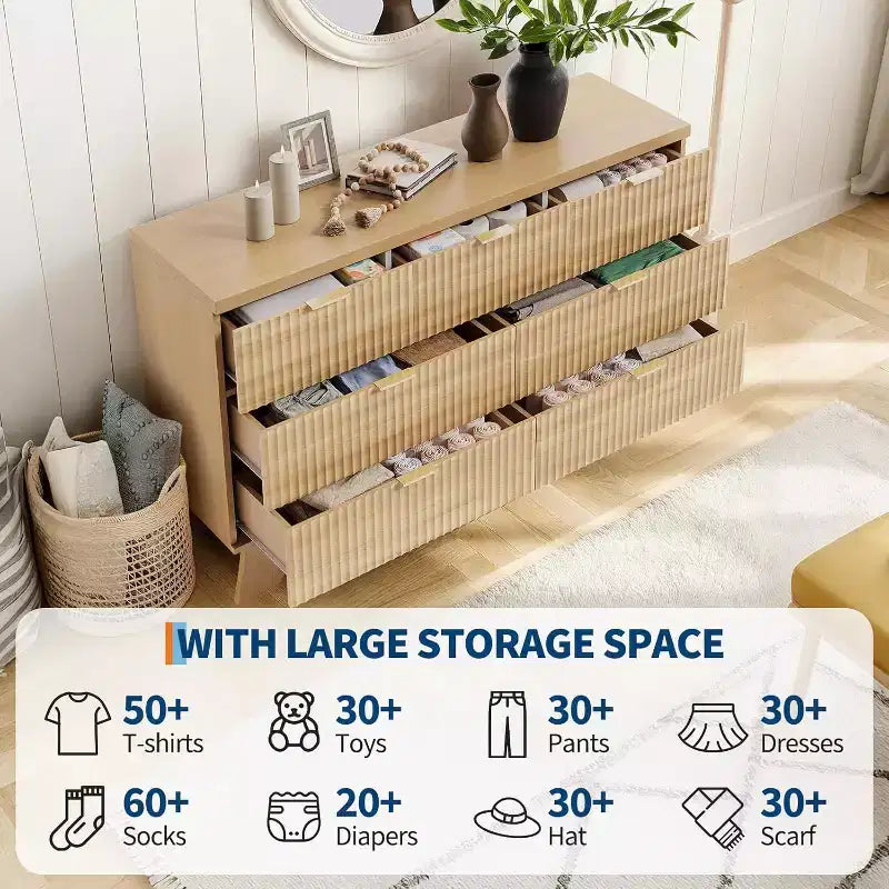 8 Drawer Fluted Dresser Natural Oak Curved Storage Cabinet for Bedroom Living Room Entryway