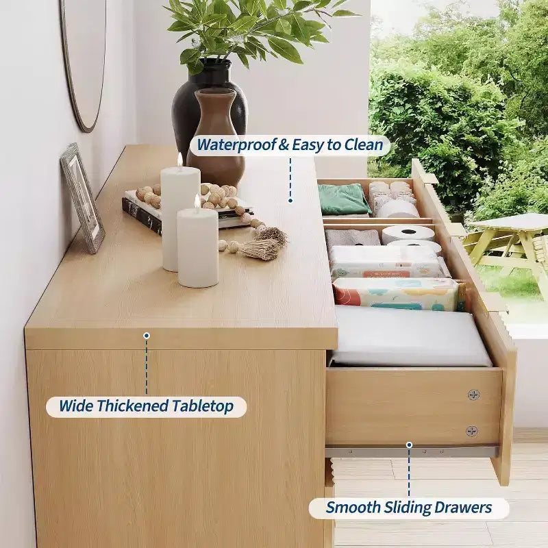 8 Drawer Fluted Dresser Natural Oak Curved Storage Cabinet for Bedroom Living Room Entryway