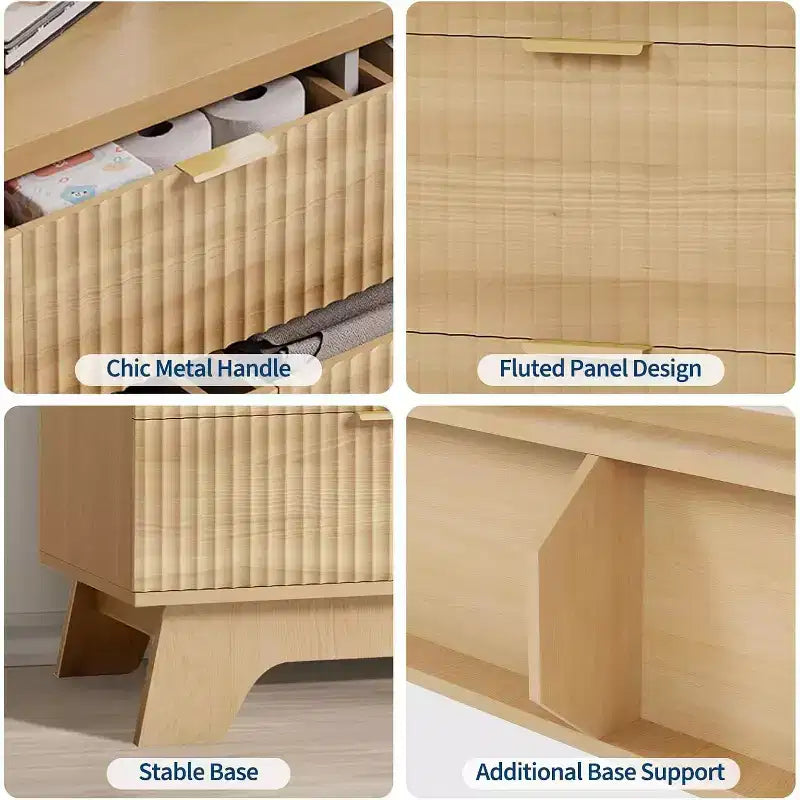 8 Drawer Fluted Dresser Natural Oak Curved Storage Cabinet for Bedroom Living Room Entryway