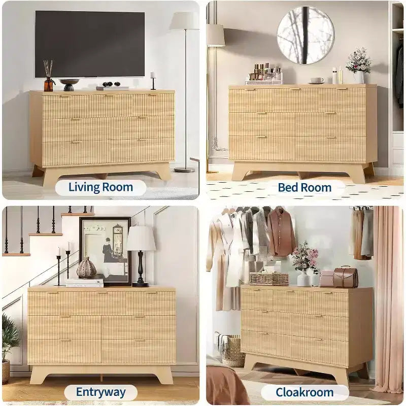 8 Drawer Fluted Dresser Natural Oak Curved Storage Cabinet for Bedroom Living Room Entryway