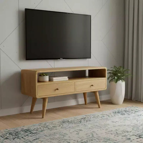 Meuble TV en bois massif de chêne, 35 po, avec rangements ouverts et fermés