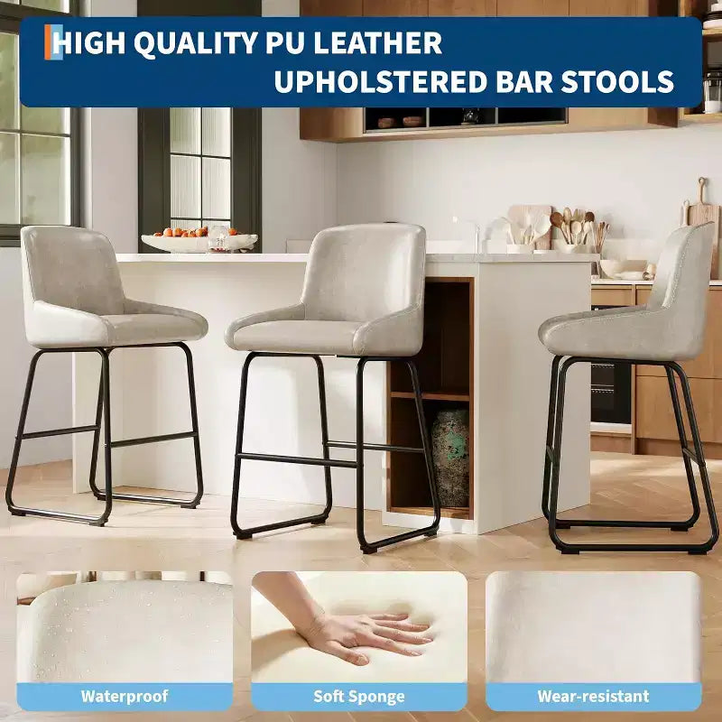 Bar Stools Set of 3/ 4, PU Leather Counter Height Barstools with Back and Footrest, Upholstered Bar Chairs for Dining Room Kitchen Island