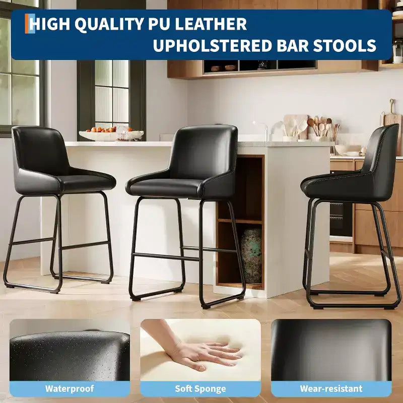 Bar Stools Set of 3/ 4, PU Leather Counter Height Barstools with Back and Footrest, Upholstered Bar Chairs for Dining Room Kitchen Island