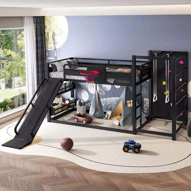 Twin/Full Metal Loft Bed, Playful Kids Bunk Bed with Basketball Hoop, Slide, Climbing Wall & Bookshelves, Black