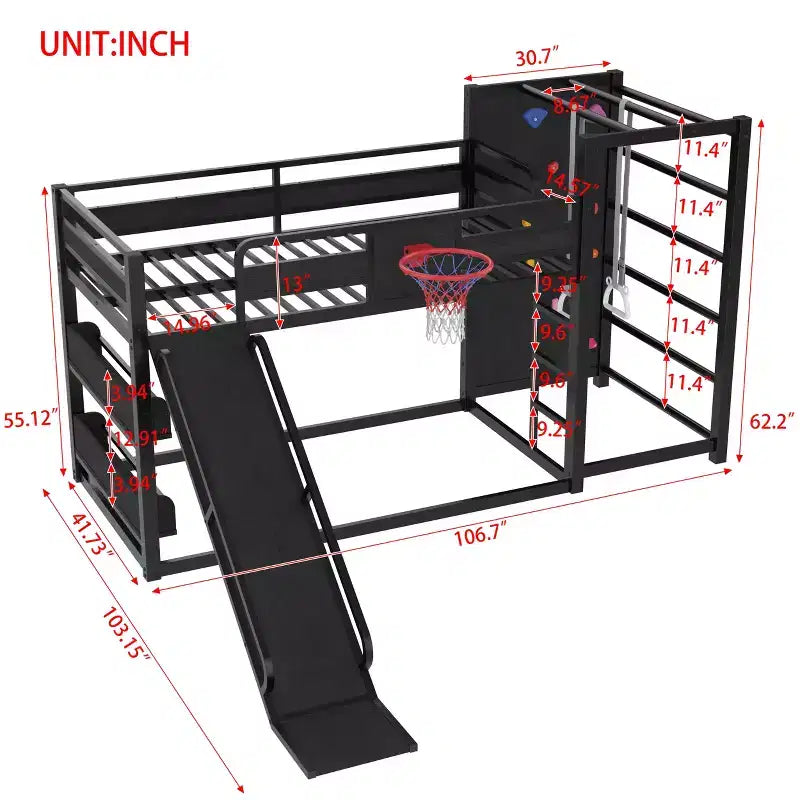 Twin/Full Metal Loft Bed, Playful Kids Bunk Bed with Basketball Hoop, Slide, Climbing Wall & Bookshelves, Black