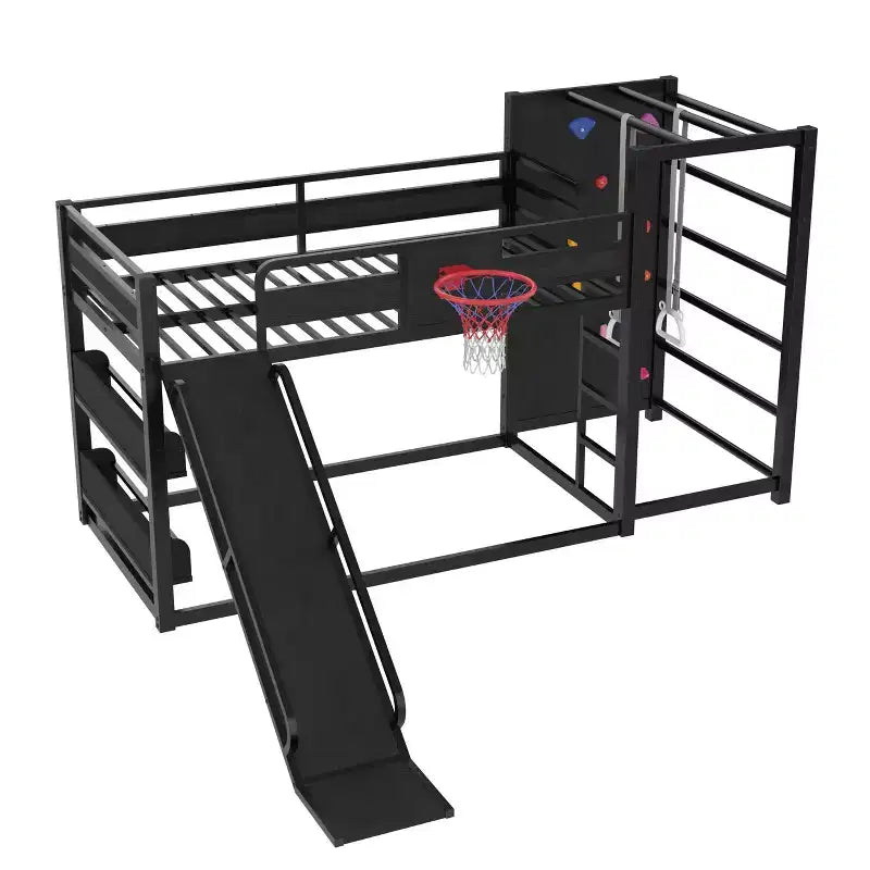 Twin/Full Metal Loft Bed, Playful Kids Bunk Bed with Basketball Hoop, Slide, Climbing Wall & Bookshelves, Black