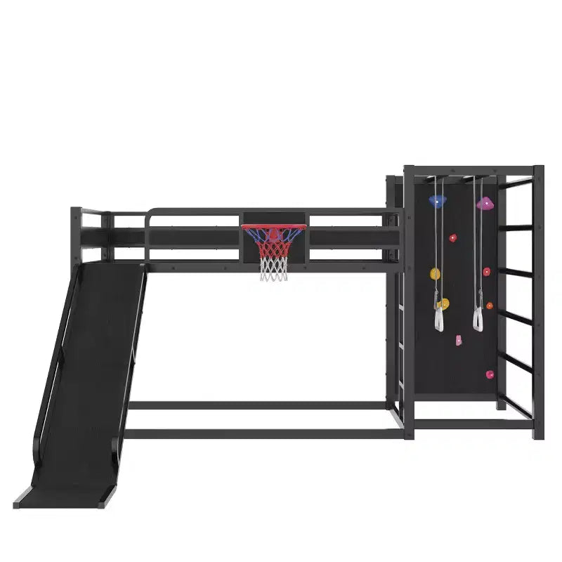 Twin/Full Metal Loft Bed, Playful Kids Bunk Bed with Basketball Hoop, Slide, Climbing Wall & Bookshelves, Black