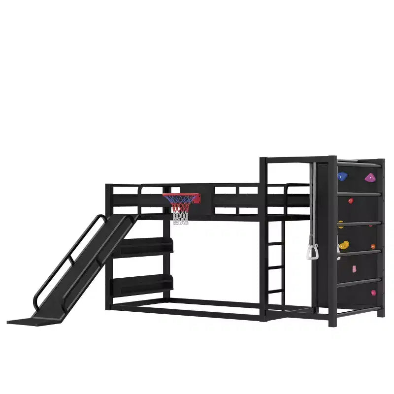 Twin/Full Metal Loft Bed, Playful Kids Bunk Bed with Basketball Hoop, Slide, Climbing Wall & Bookshelves, Black