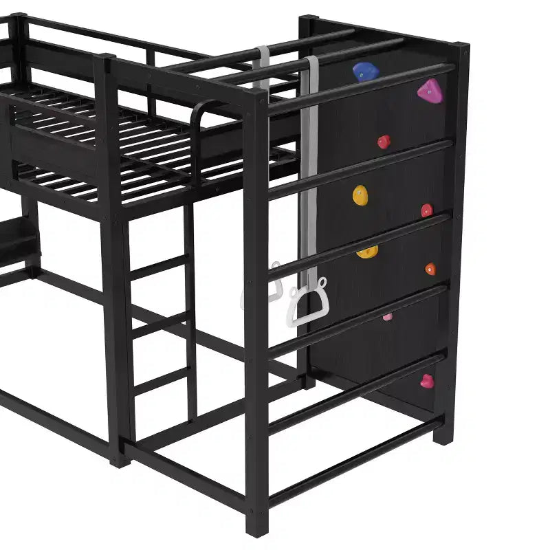 Twin/Full Metal Loft Bed, Playful Kids Bunk Bed with Basketball Hoop, Slide, Climbing Wall & Bookshelves, Black