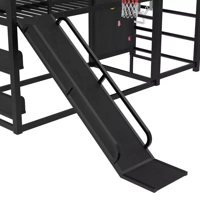 Twin/Full Metal Loft Bed, Playful Kids Bunk Bed with Basketball Hoop, Slide, Climbing Wall & Bookshelves, Black