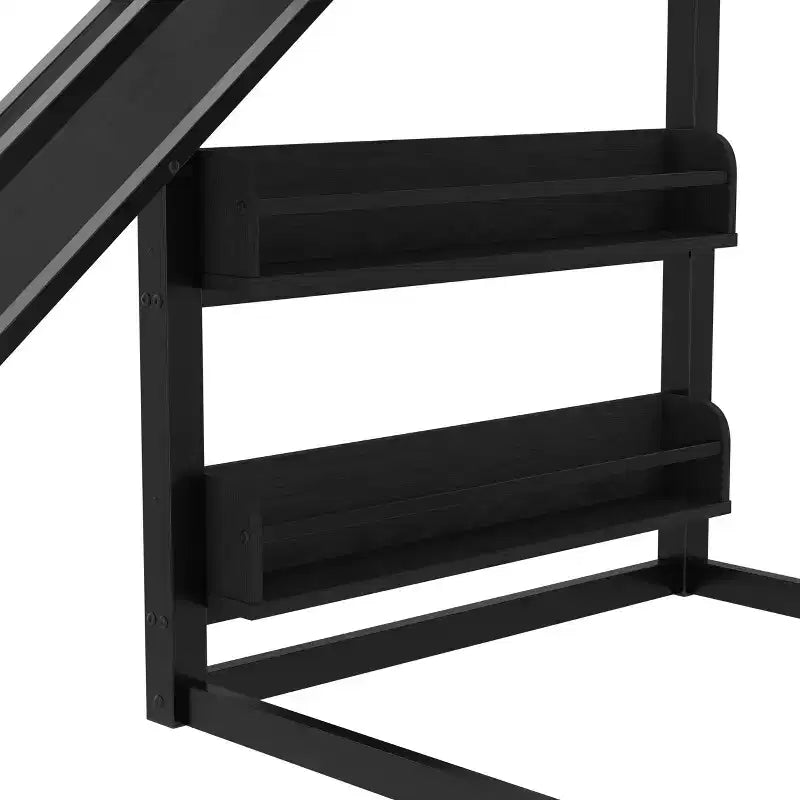 Twin/Full Metal Loft Bed, Playful Kids Bunk Bed with Basketball Hoop, Slide, Climbing Wall & Bookshelves, Black