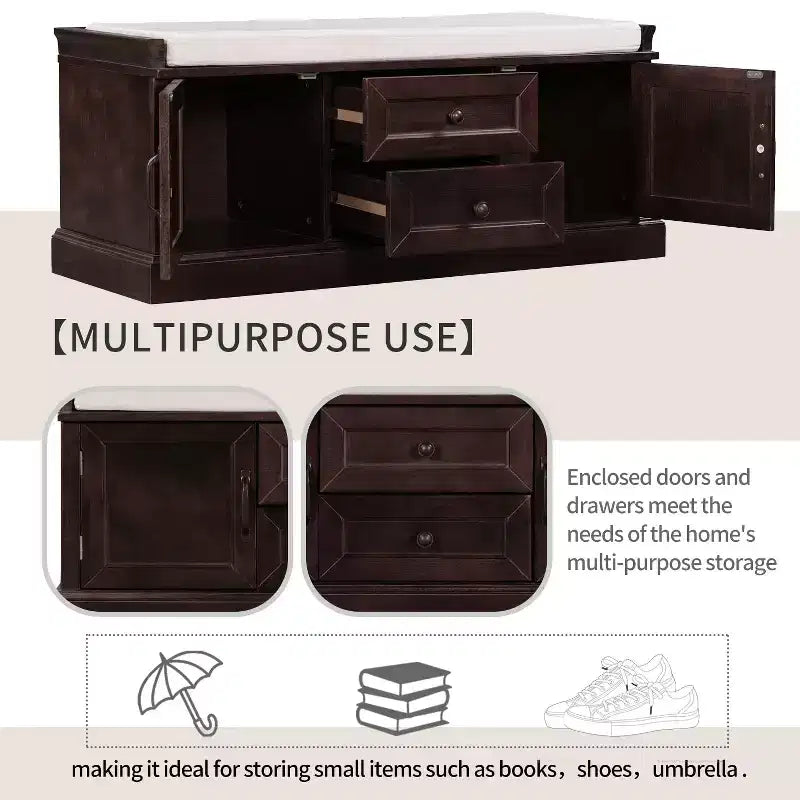 Storage Bench with 2 Drawers & 2 Cabinets, Retro Shoe Bench with Removable Cushion, Multi-Functional Storage Bench for Hallway, Entryway