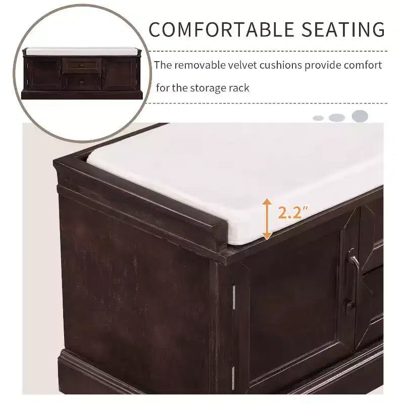 Storage Bench with 2 Drawers & 2 Cabinets, Retro Shoe Bench with Removable Cushion, Multi-Functional Storage Bench for Hallway, Entryway
