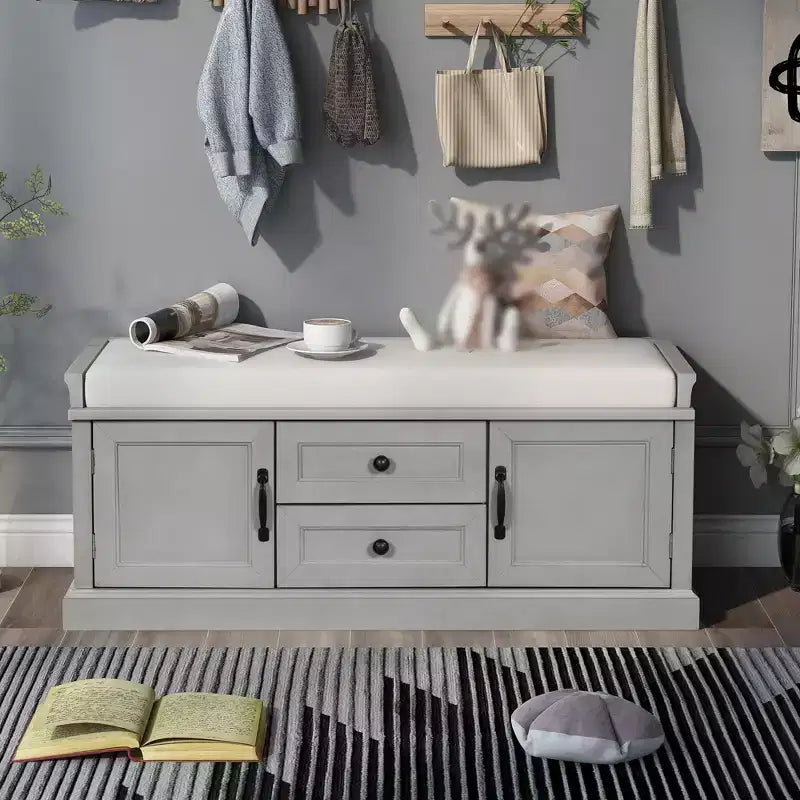 Storage Bench with 2 Drawers & 2 Cabinets, Retro Shoe Bench with Removable Cushion, Multi-Functional Storage Bench for Hallway, Entryway