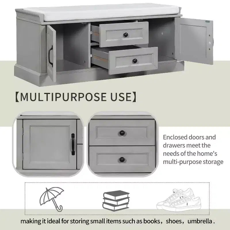 Storage Bench with 2 Drawers & 2 Cabinets, Retro Shoe Bench with Removable Cushion, Multi-Functional Storage Bench for Hallway, Entryway