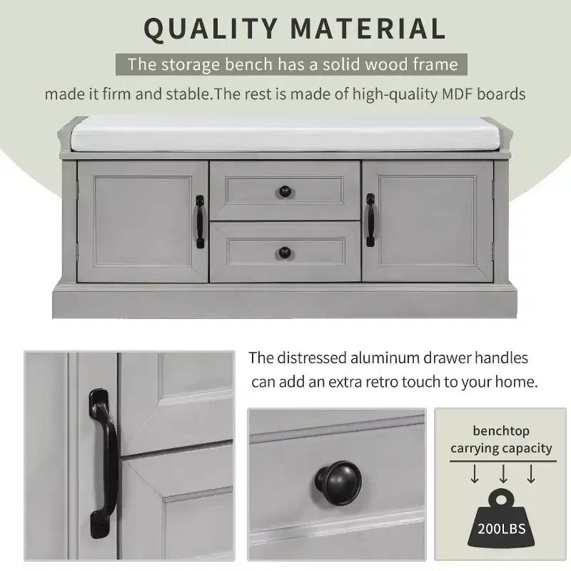 Storage Bench with 2 Drawers & 2 Cabinets, Retro Shoe Bench with Removable Cushion, Multi-Functional Storage Bench for Hallway, Entryway