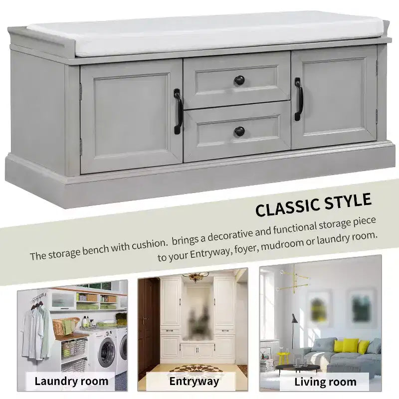 Storage Bench with 2 Drawers & 2 Cabinets, Retro Shoe Bench with Removable Cushion, Multi-Functional Storage Bench for Hallway, Entryway