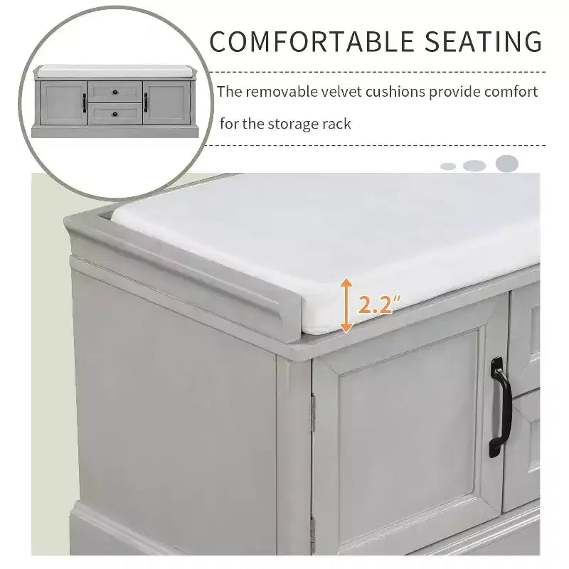 Storage Bench with 2 Drawers & 2 Cabinets, Retro Shoe Bench with Removable Cushion, Multi-Functional Storage Bench for Hallway, Entryway