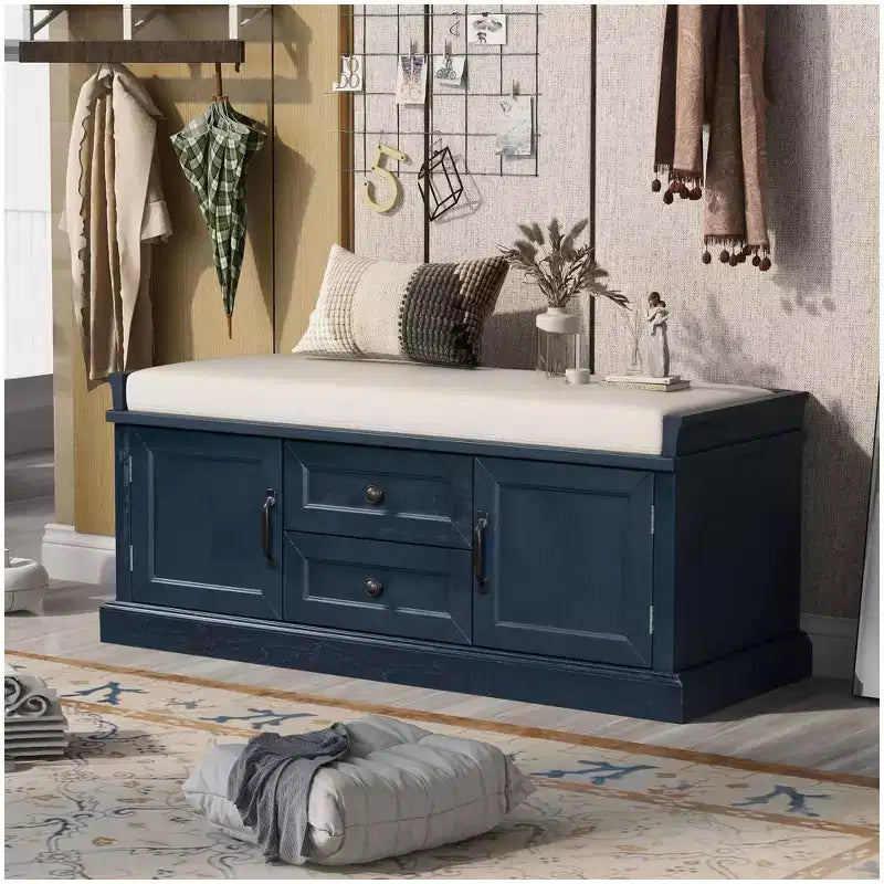 Storage Bench with 2 Drawers & 2 Cabinets, Retro Shoe Bench with Removable Cushion, Multi-Functional Storage Bench for Hallway, Entryway