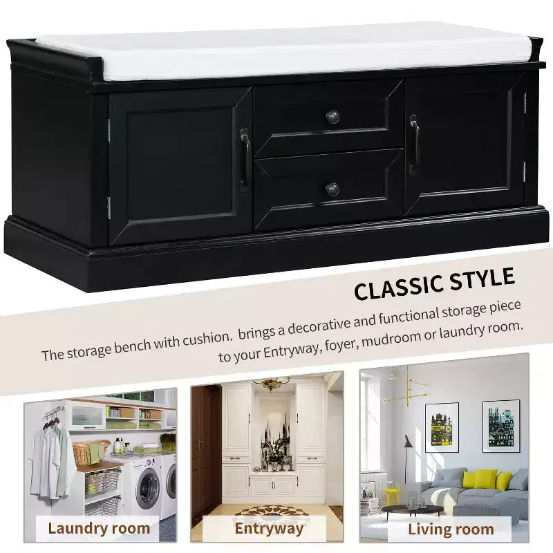 Storage Bench with 2 Drawers & 2 Cabinets, Retro Shoe Bench with Removable Cushion, Multi-Functional Storage Bench for Hallway, Entryway