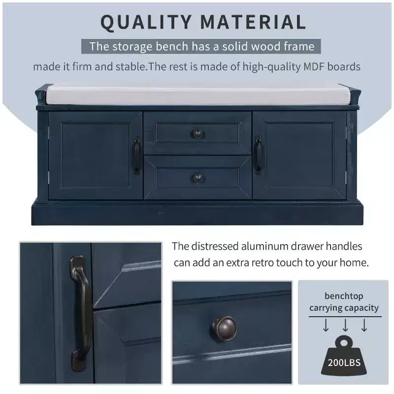 Storage Bench with 2 Drawers & 2 Cabinets, Retro Shoe Bench with Removable Cushion, Multi-Functional Storage Bench for Hallway, Entryway