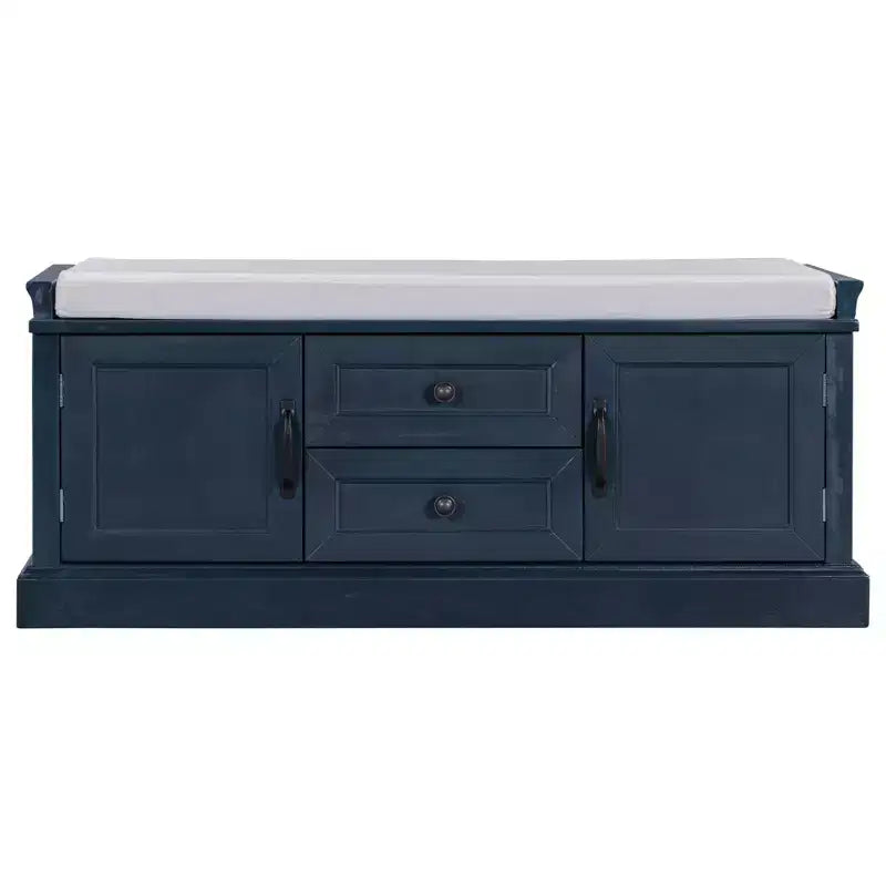 Storage Bench with 2 Drawers & 2 Cabinets, Retro Shoe Bench with Removable Cushion, Multi-Functional Storage Bench for Hallway, Entryway