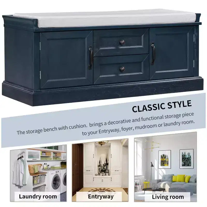 Storage Bench with 2 Drawers & 2 Cabinets, Retro Shoe Bench with Removable Cushion, Multi-Functional Storage Bench for Hallway, Entryway