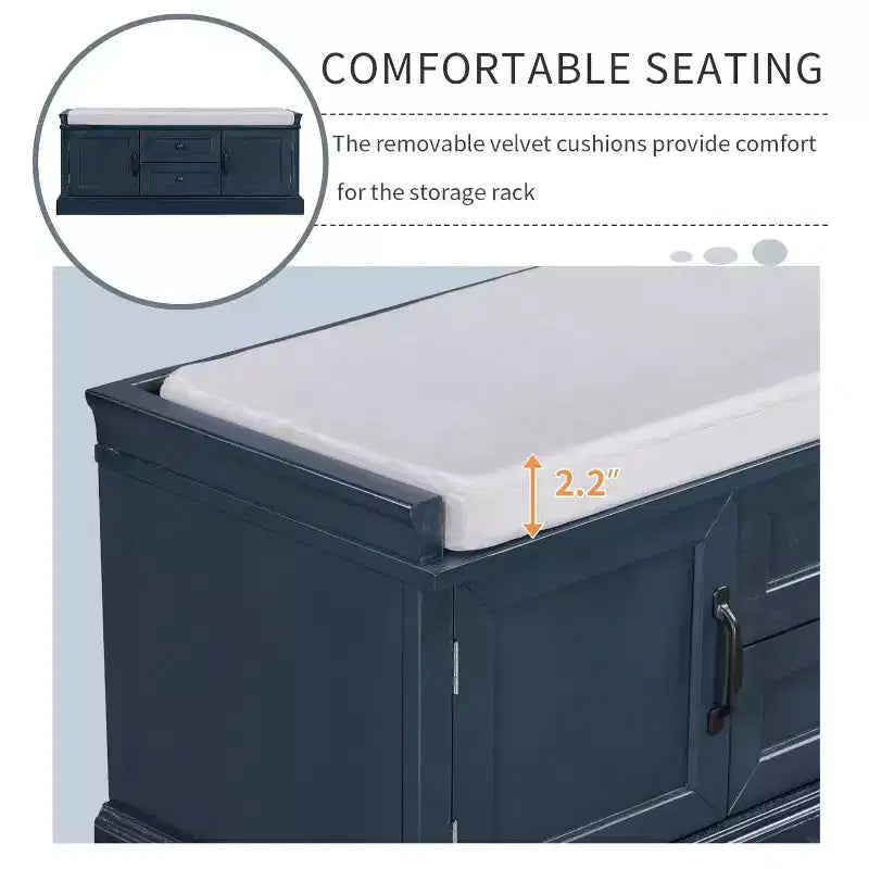 Storage Bench with 2 Drawers & 2 Cabinets, Retro Shoe Bench with Removable Cushion, Multi-Functional Storage Bench for Hallway, Entryway