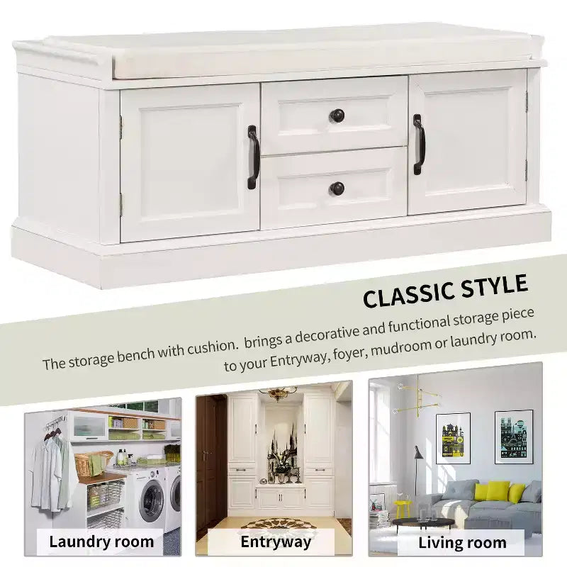 Storage Bench with 2 Drawers & 2 Cabinets, Retro Shoe Bench with Removable Cushion, Multi-Functional Storage Bench for Hallway, Entryway