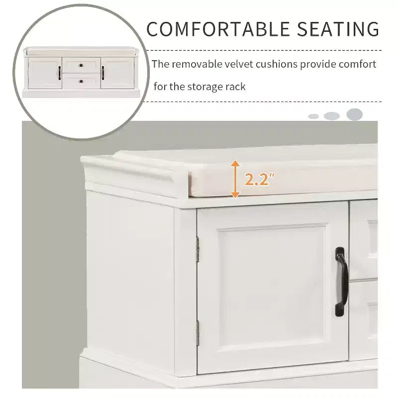 Storage Bench with 2 Drawers & 2 Cabinets, Retro Shoe Bench with Removable Cushion, Multi-Functional Storage Bench for Hallway, Entryway
