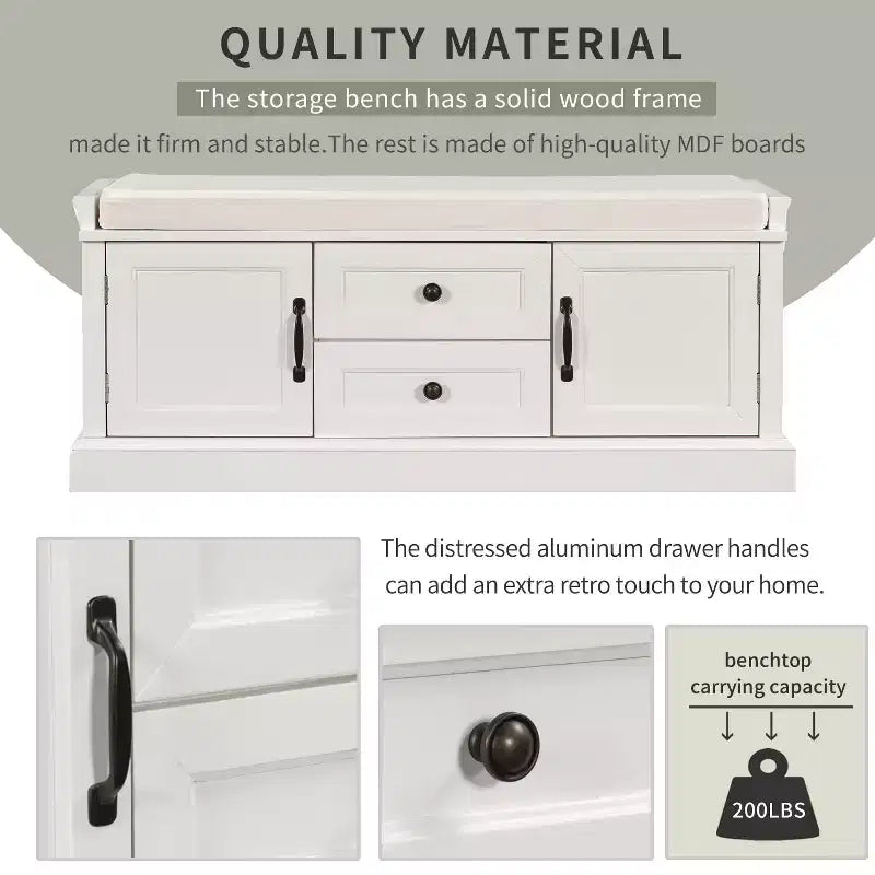 Storage Bench with 2 Drawers & 2 Cabinets, Retro Shoe Bench with Removable Cushion, Multi-Functional Storage Bench for Hallway, Entryway