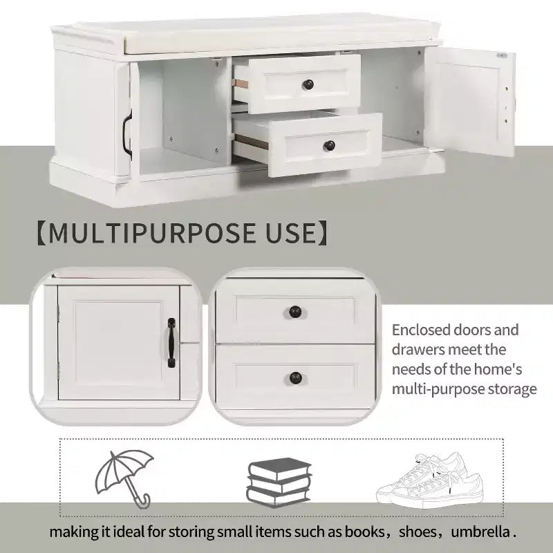 Storage Bench with 2 Drawers & 2 Cabinets, Retro Shoe Bench with Removable Cushion, Multi-Functional Storage Bench for Hallway, Entryway