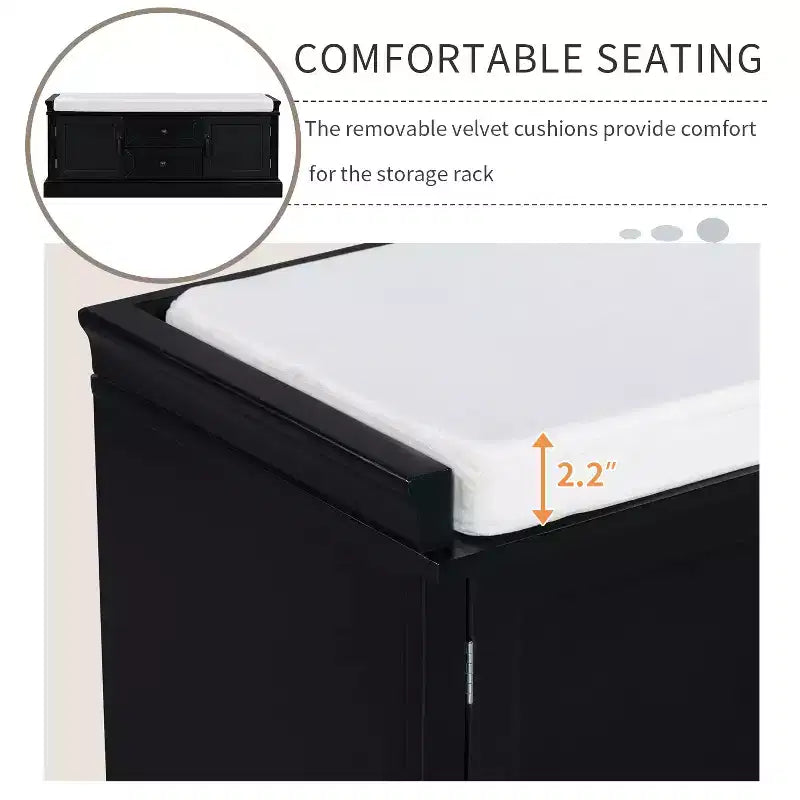 Storage Bench with 2 Drawers & 2 Cabinets, Retro Shoe Bench with Removable Cushion, Multi-Functional Storage Bench for Hallway, Entryway