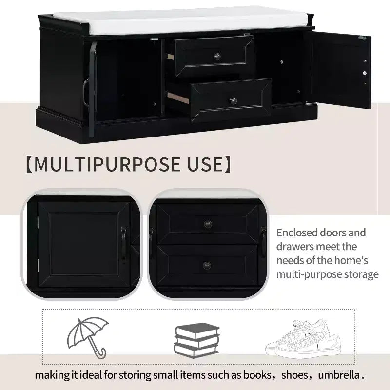 Storage Bench with 2 Drawers & 2 Cabinets, Retro Shoe Bench with Removable Cushion, Multi-Functional Storage Bench for Hallway, Entryway