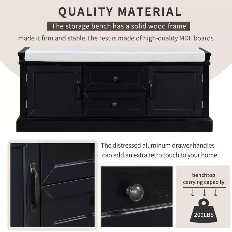 Storage Bench with 2 Drawers & 2 Cabinets, Retro Shoe Bench with Removable Cushion, Multi-Functional Storage Bench for Hallway, Entryway