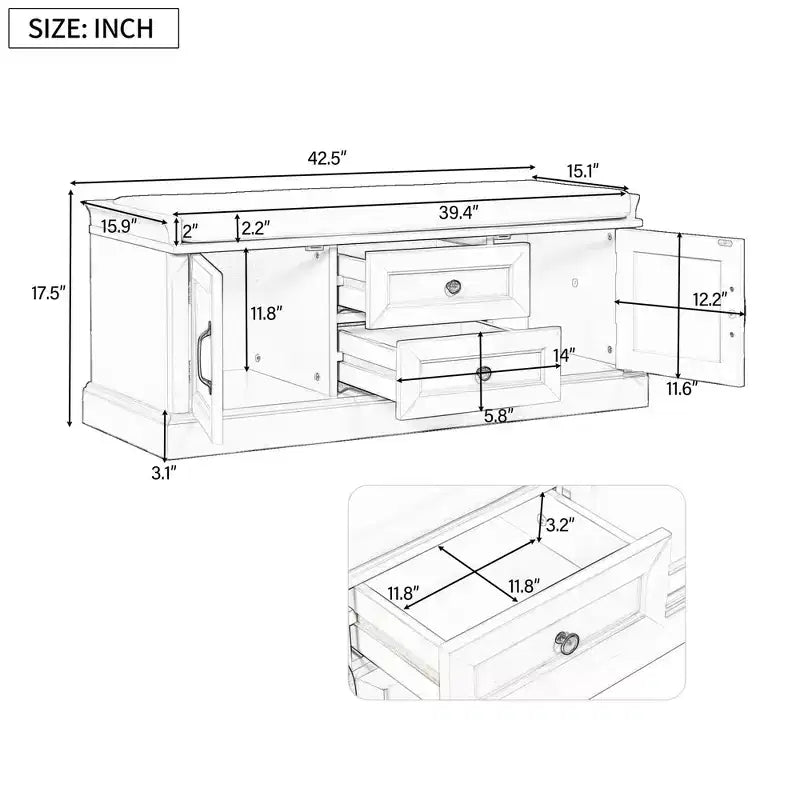Storage Bench with 2 Drawers & 2 Cabinets, Retro Shoe Bench with Removable Cushion, Multi-Functional Storage Bench for Hallway, Entryway