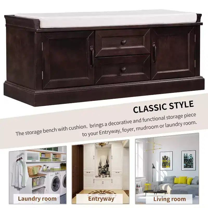 Storage Bench with 2 Drawers & 2 Cabinets, Retro Shoe Bench with Removable Cushion, Multi-Functional Storage Bench for Hallway, Entryway