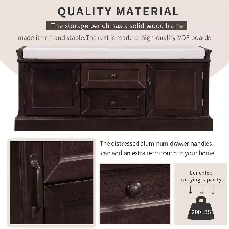Storage Bench with 2 Drawers & 2 Cabinets, Retro Shoe Bench with Removable Cushion, Multi-Functional Storage Bench for Hallway, Entryway