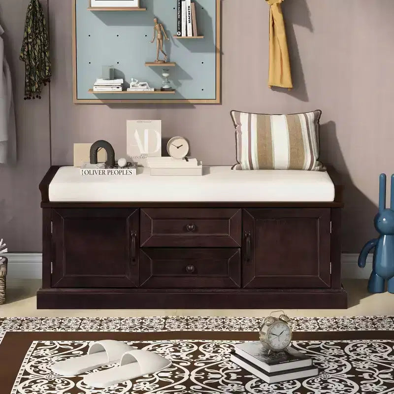 Storage Bench with 2 Drawers & 2 Cabinets, Retro Shoe Bench with Removable Cushion, Multi-Functional Storage Bench for Hallway, Entryway