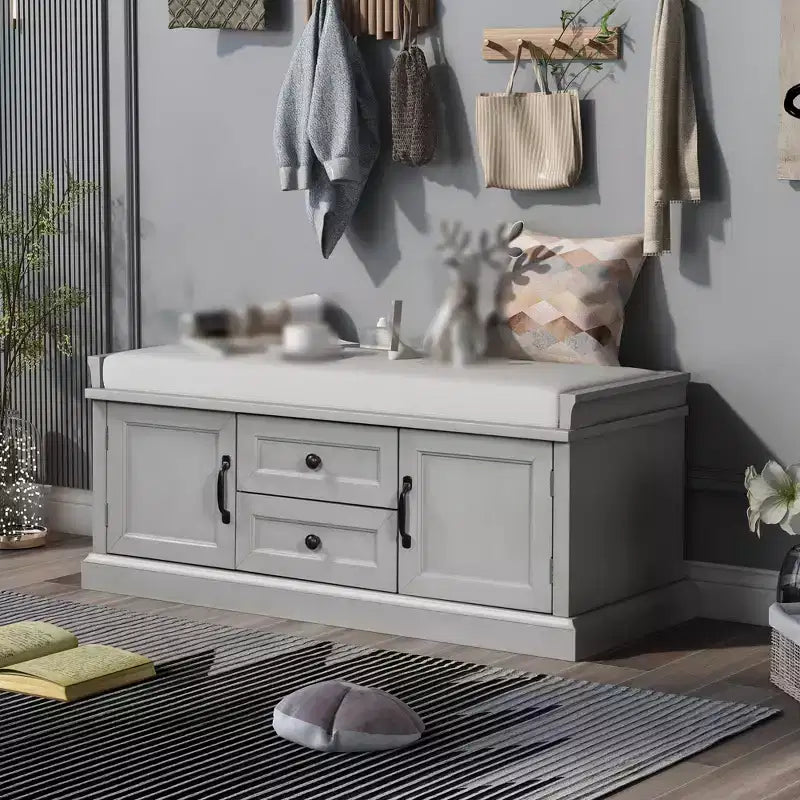 Storage Bench with 2 Drawers & 2 Cabinets, Retro Shoe Bench with Removable Cushion, Multi-Functional Storage Bench for Hallway, Entryway
