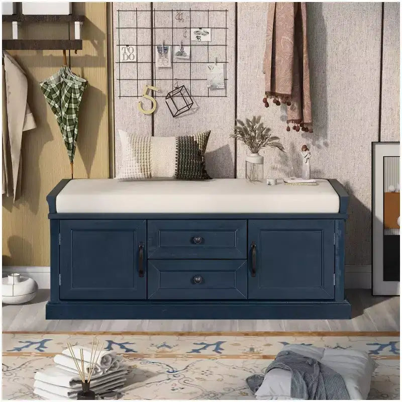Storage Bench with 2 Drawers & 2 Cabinets, Retro Shoe Bench with Removable Cushion, Multi-Functional Storage Bench for Hallway, Entryway