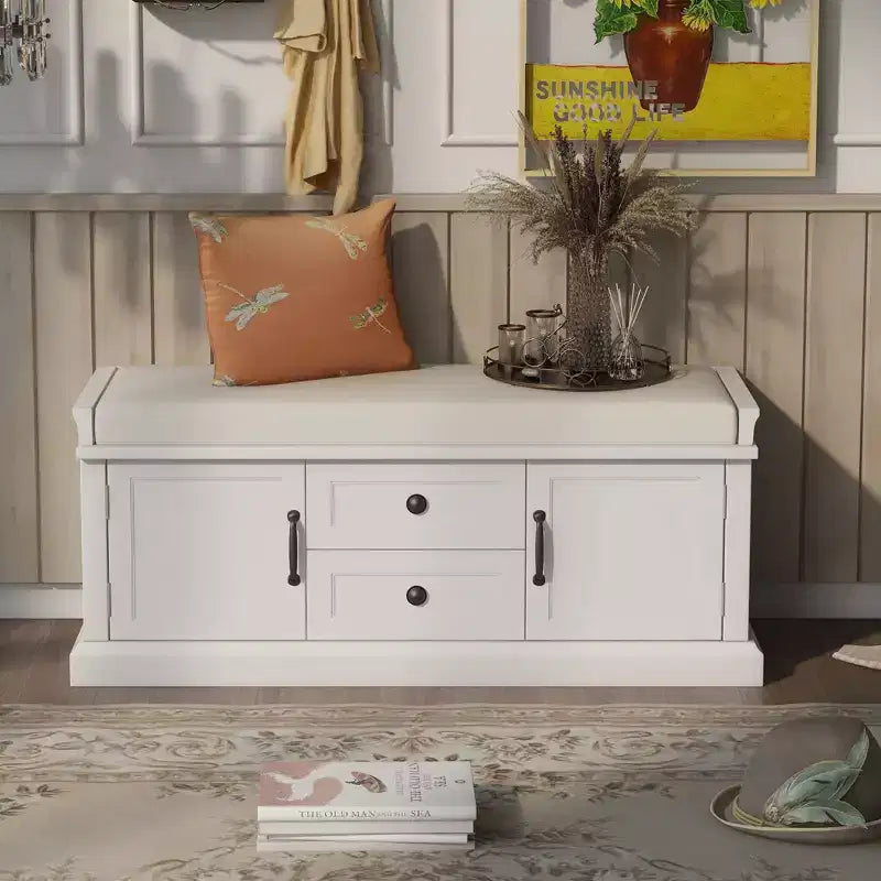Storage Bench with 2 Drawers & 2 Cabinets, Retro Shoe Bench with Removable Cushion, Multi-Functional Storage Bench for Hallway, Entryway