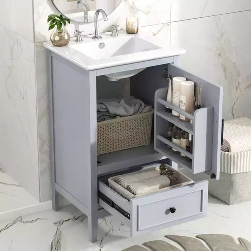 20 Small Bathroom Vanity Sink Combo with Storage , Bathroom Floor Cabinet with Drawers and Door, Gray