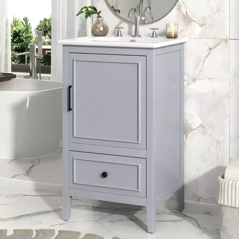 20 Small Bathroom Vanity Sink Combo with Storage, Bathroom Floor Cabinet with Drawers and Door, Gray