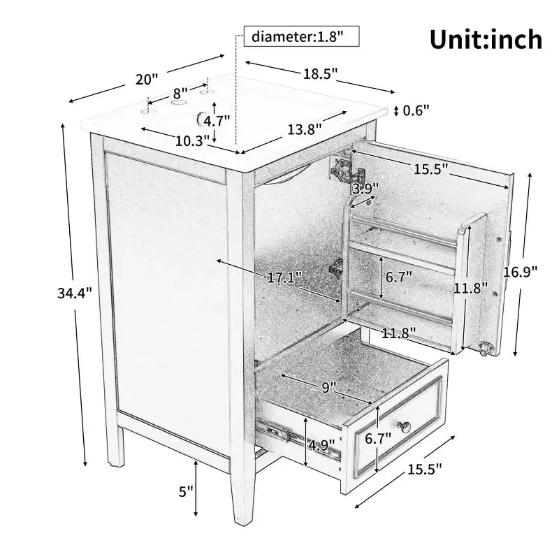 20 Small Bathroom Vanity Sink Combo with Storage, Bathroom Floor Cabinet with Drawers and Door, Gray