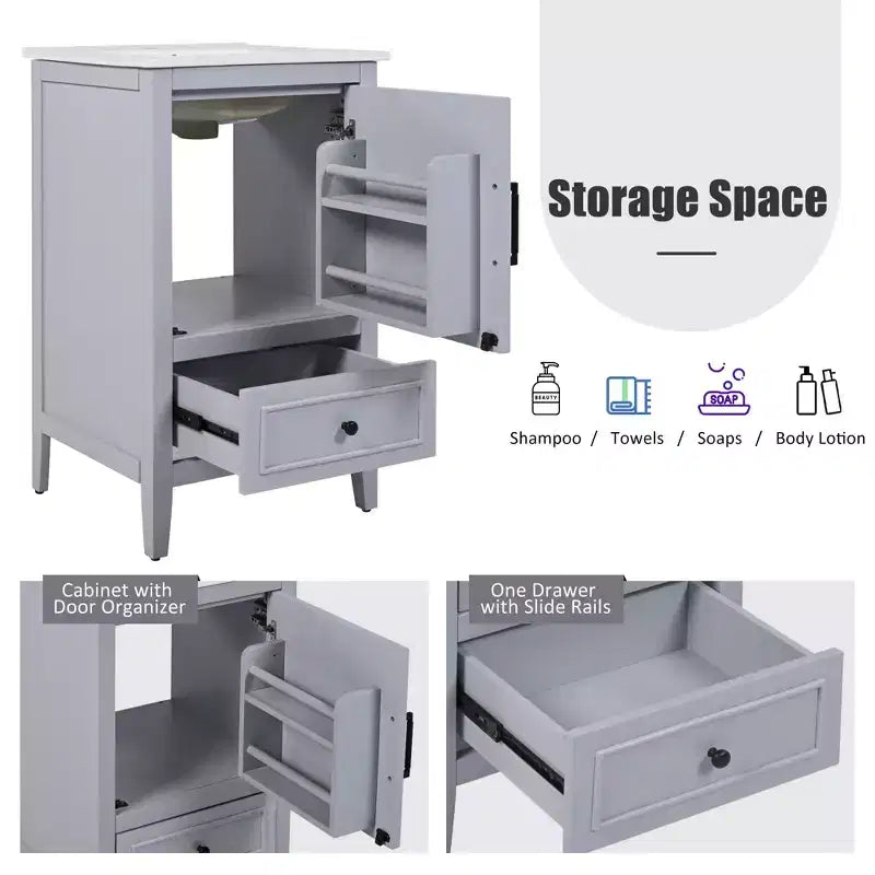 20 Small Bathroom Vanity Sink Combo with Storage, Bathroom Floor Cabinet with Drawers and Door, Gray